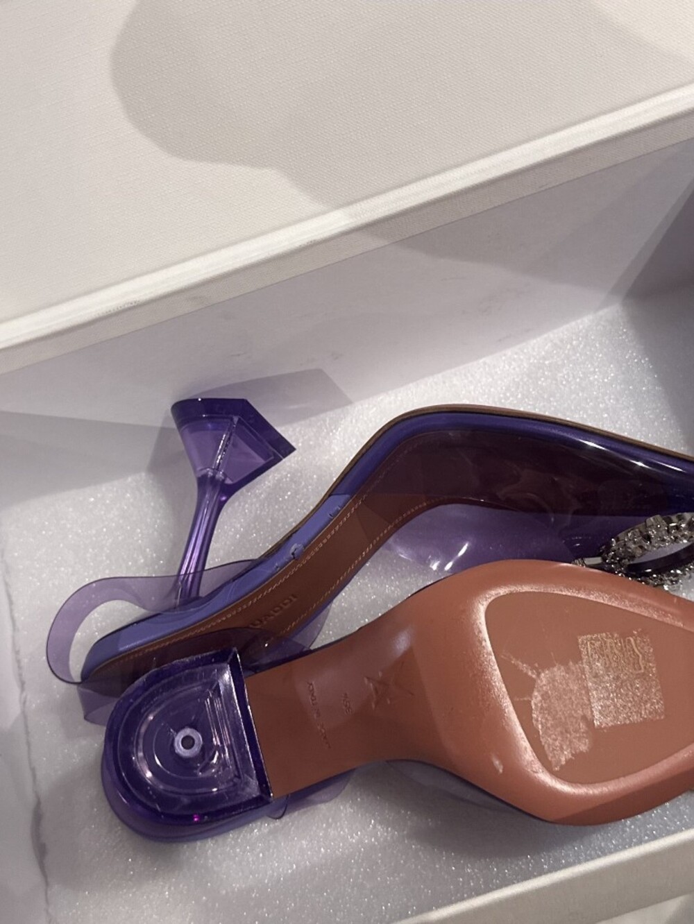 Amina Muaddi Purple Transparent Pointed Slingback Heels with Jewel Accent